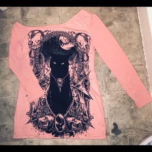 Pink goth black cat off the sholder shirt